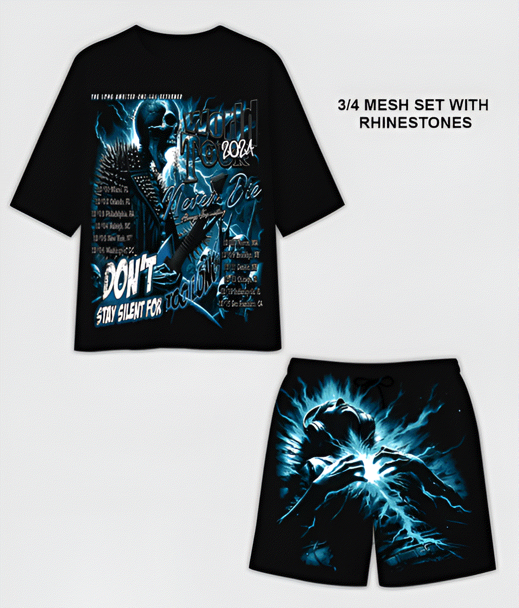 G WEST RHINSTONE WORLD TOUR 3/4 SLEEVES MESH SHORT SET